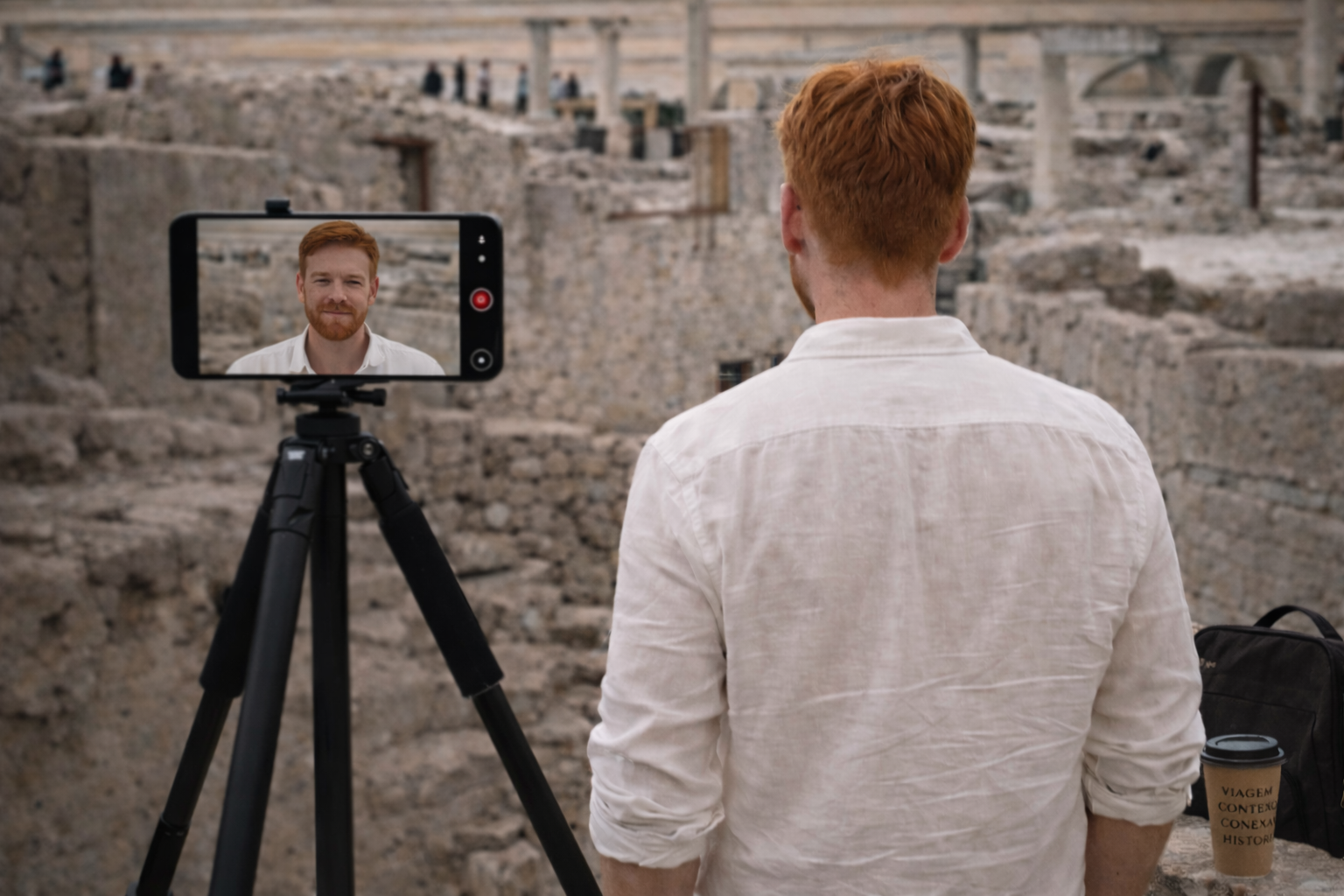 Lipe filming content at an archaeological site with phone and tripod